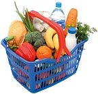 Grocery store basket full of healthy food.