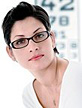 Woman with eye glasses and eye chart.