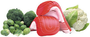 Assorted vegetables and a boxing glove.
