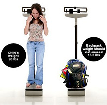 Young girl and a heavy backpack standing on respective doctor's scales.