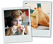 Polaroids of a woman eating dinner and of the dinner itself.
